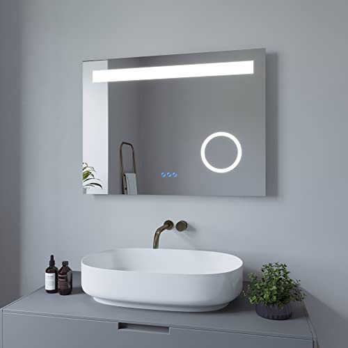 AQUABATOS 80x60cm Badspiegel mit Beleuchtung Badezimmerspiegel LED Lichtspiegel Wandspiegel. Touch-Schalter Dimmbar,Schminkspiegel, Kaltweiß 6400K, Warmweiß 3000K, Spiegelheizung, IP44, CE von AQUABATOS