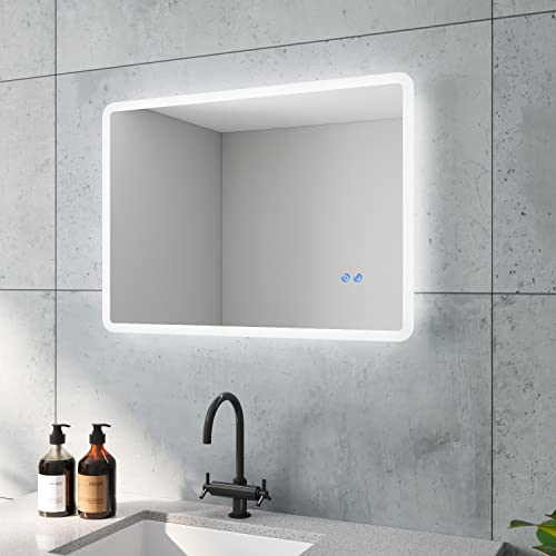 AQUABATOS BORAS-Serie Badspiegel mit indirekte LED Beleuchtung 50x70 cm Badezimmerspiegel für Gäste WC Licht Spiegel Touch Schalter Dimmbar Separate Antibeschlag Funktion Lichtfarbe Kaltweiß 6400K von AQUABATOS