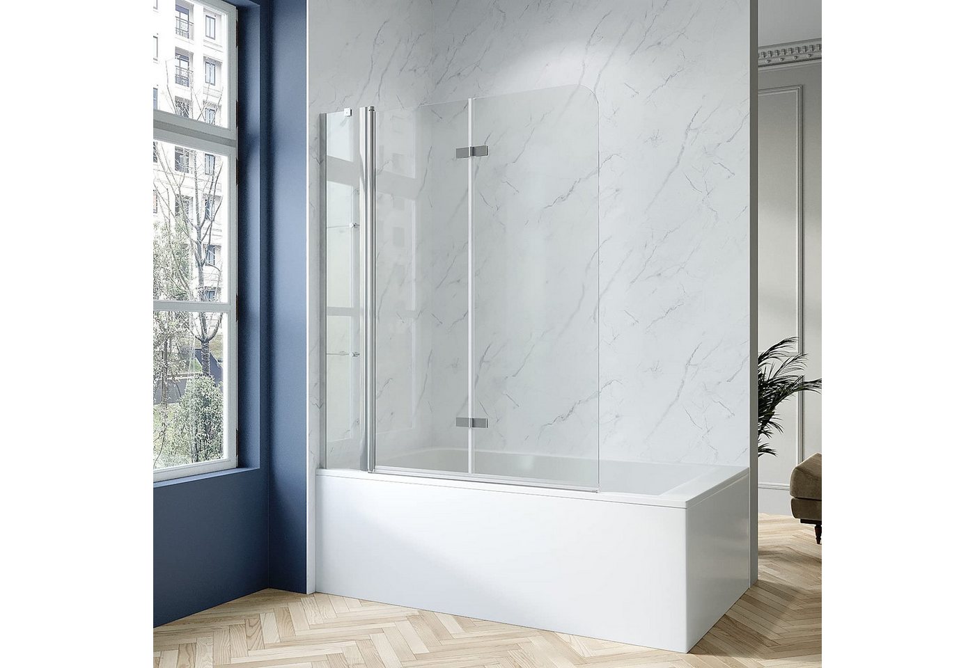 AQUABATOS Badewannenaufsatz Badewannenaufsatz Duschwand Duschabtrennung faltbar mit Duschablagen, 5 mm Einscheiben-Sicherheitsglas (ESG) mit Nanobeschichtung, Lotuseffekt,großer Verstellbereich,mit Acryl- Duschablage von AQUABATOS