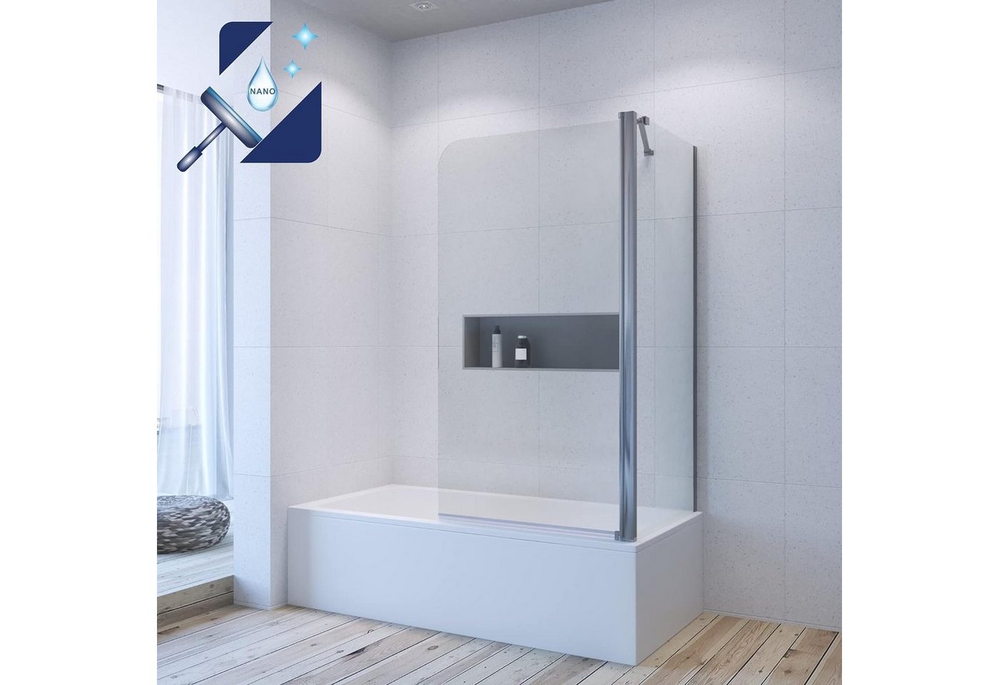 AQUABATOS Badewannenaufsatz mit Seitenwand Duschtrennwand Duschwand Badewanne Eck, Einscheibensicherheitsglas, Sicherheitsglas, 80x75x140cm von AQUABATOS