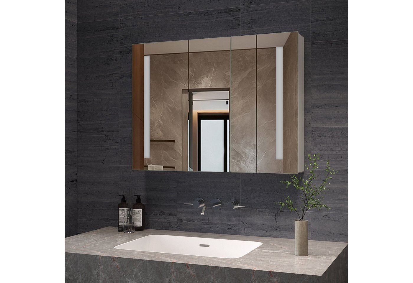 AQUABATOS Badezimmerspiegelschrank Groß mit Led Spiegelschrank Bad mit Steckdose und Beleuchtung 80x60cm (Badschrank mit Spiegel Wandschrank Badezimmer Badmöbel, Doppelseitige Glasspiegel,Kaltweiß, Infrarot Sensor (IR) Beschlagfrei, 2 Türen,Soft-Close-Funktion von AQUABATOS