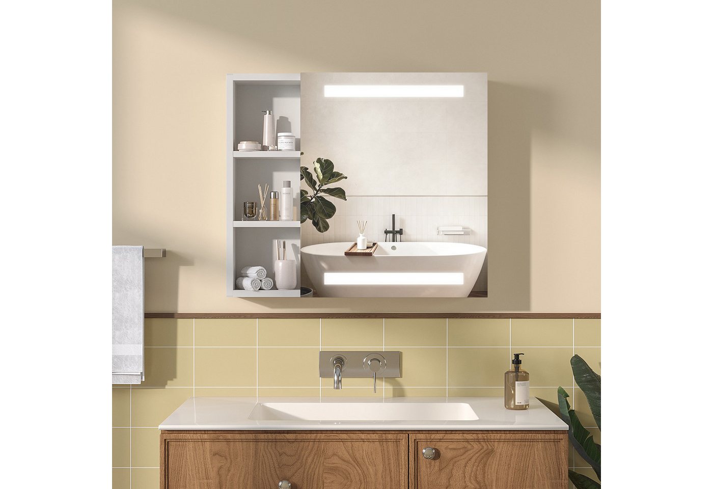 AQUABATOS Badezimmerspiegelschrank LED Spiegelschrank Bad mit Beleuchtung IR Sensor Badezimmerschrank Wandschrank Badezimmer 70x60cm, Anti-fog, Dimmbar, Steckdose, IP44 von AQUABATOS