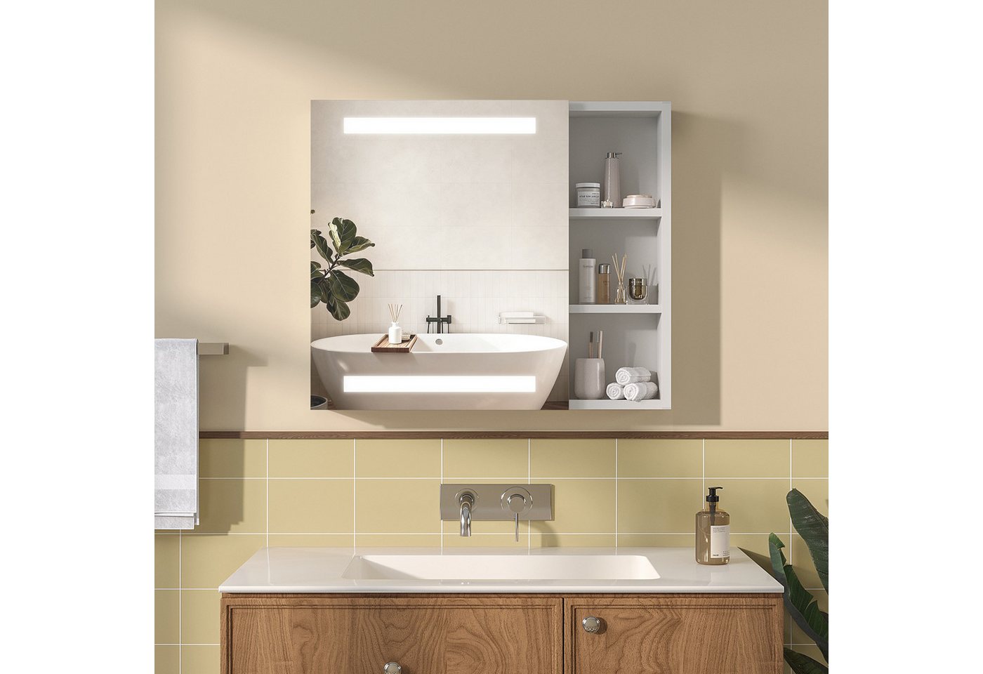 AQUABATOS Badezimmerspiegelschrank LED Spiegelschrank Bad mit Beleuchtung IR Sensor Badezimmerschrank Wandschrank Badezimmer 70x60cm, Anti-fog, Dimmbar, Steckdose, IP44 von AQUABATOS