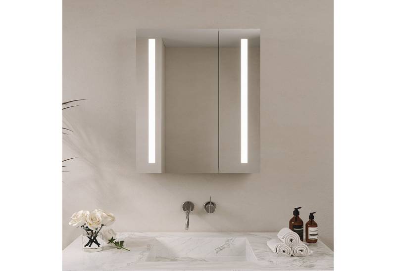 AQUABATOS Badezimmerspiegelschrank mit LED Spiegelschrank Bad mit Beleuchtung 60cm breit 2 türen (mit Steckdose Wandschrank Bad IR Sensor Doppelseitige Glasspiegel Soft-Close-Funktion Kaltweiß, Badezimmer Spiegelschrank Alurahmen Antibeschlag dimmbar) 70 cm hoch von AQUABATOS