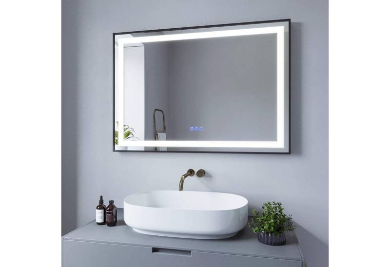 AQUABATOS Badspiegel Bad Spiegel LED Badezimmerspiegel mit Beleuchtung (Lichtspiegel Kosmetikspiegel Schminkspiegel Rasierspiegel Anti-Beschlag Memory-Funktion Rahmen Schwarz IP 44 Energiesparend), 100x70cm Touch-Schalter Dimmbar Kaltweiß Neutralweiß Warmweiß von AQUABATOS