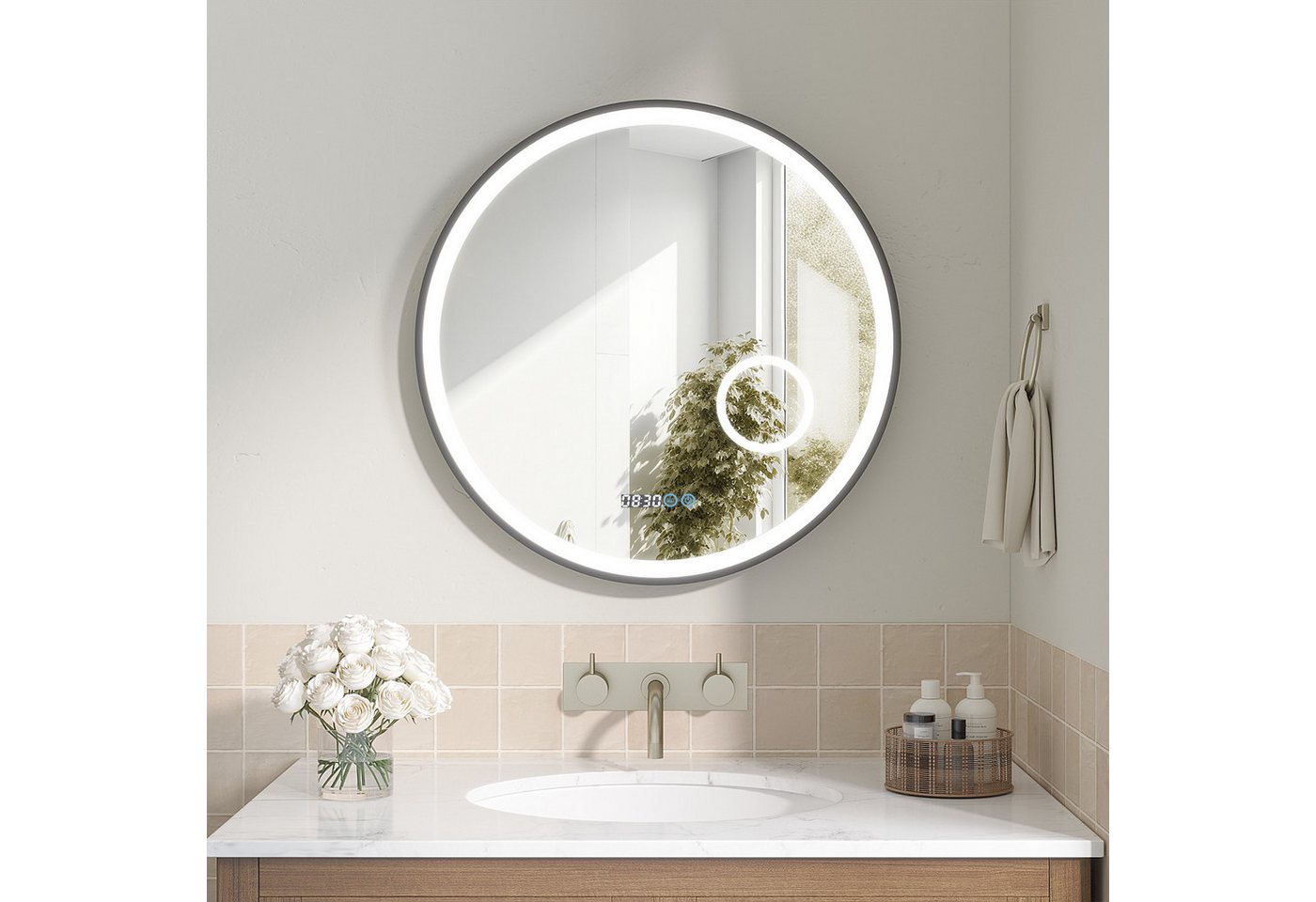 AQUABATOS Badspiegel Badezimmerspiegel Rund Badspiegel mit LED Beleuchtung Bad Wandspiegel, 3-fach-Vergrößerung Kosmetikspiegel dimmbar Uhr beschlagfrei Touch AQUABATOS Badspiegel Badezimmerspiegel Rund Badspiegel mit LED Beleuchtung Bad Wandspiegel, 3-fach-Vergrößerung Kosmetikspiegel dimmbar Uhr beschlagfrei Touch von AQUABATOS