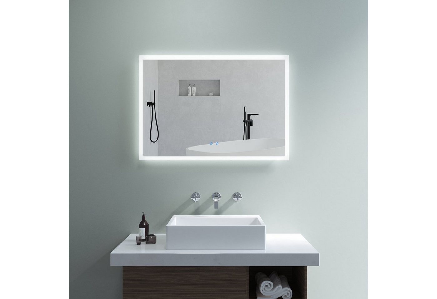 AQUABATOS Badspiegel Badspiegel mit Beleuchtung Badezimmerspiegel LED Licht (Wandspiegel Lichtspiegel), Dimmbar, Kaltweiß 6400K, Touch Schalter, Spiegelheizung von AQUABATOS