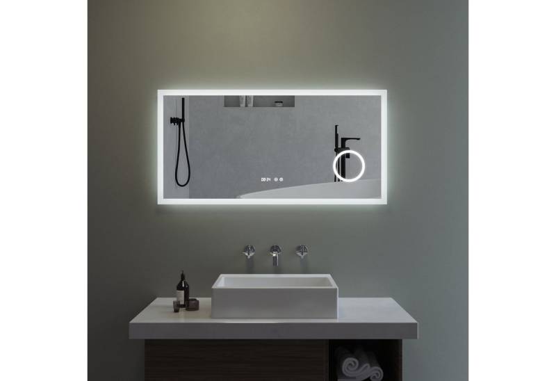 AQUABATOS Badspiegel Spiegel Badezimmer mit Beleuchtung Uhr LED Wandspiegel Lichtspiegel (Badzimmerspiegel,Kosmetikspiegel,Schminkspiegel, groß, schwarz, silber, 3-Fach Vergrößerung, Dimmbar, Kaltweiß, Beschlagfrei) von AQUABATOS
