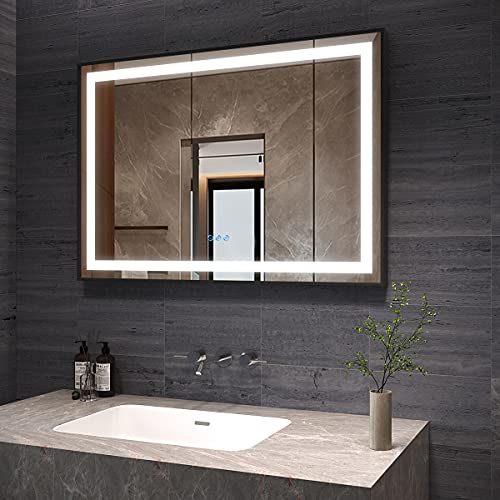 AQUABATOS Badspiegel mit Beleuchtung 100x70 cm schwarz Rahmen LED Badezimmerspiegel beleuchtet Warmweiß 6400K und Kaltweiß 3000K dimmbar Touch Schalter Beschlagfrei von AQUABATOS