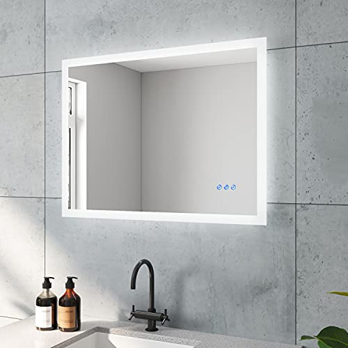 AQUABATOS Badspiegel mit Beleuchtung 80x60 cm LED Badezimmerspiegel Wand Spiegel warmweiß 6400K kaltweiß 3000K dimmbar Touch Schalter Wandschalter Antibeschlag von AQUABATOS