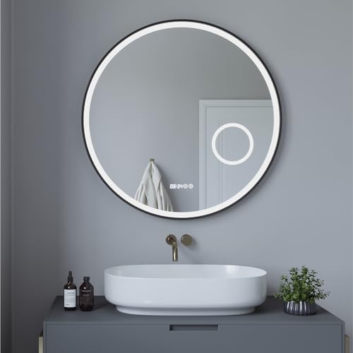 AQUABATOS Badspiegel mit Beleuchtung Antibeschlag 80 cm Rund Schwarz Uhr Badezimmerspiegel LED 80x80 Wandspiegel mit Rahmen Kosmetikspiegel Wandspiegel Lichtspiegel Touch für Wandschalter von AQUABATOS