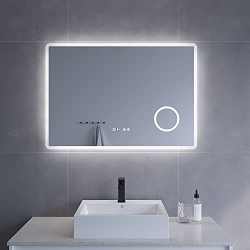 AQUABATOS Badspiegel mit LED Beleuchtung 100x70cm Antibeschlag Badezimmerspiegel Dimmbar Touch Schalter Lichtspiegel Wandspiegel Digital Uhr Kaltweiß Schminkspiegel 3-Fach Vergrößerung von AQUABATOS