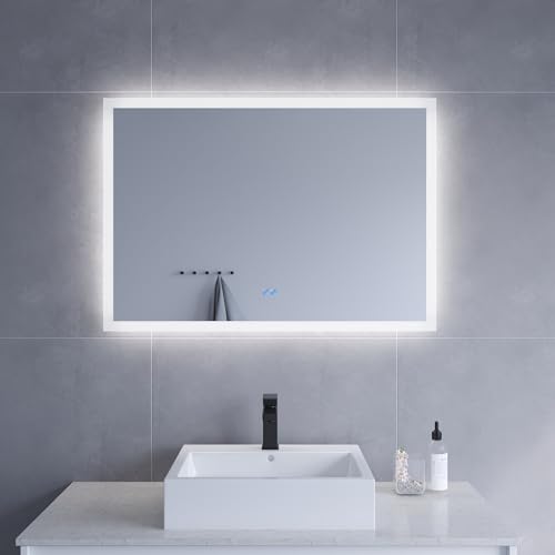 AQUABATOS Badspiegel mit LED Beleuchtung hell 100x70cm Antibeschlag Badezimmerspiegel Dimmbar Touch Schalter Lichtspiegel Wandspiegel Kaltweiß Spiegel heizung Beschlagfrei IP44 CE von AQUABATOS