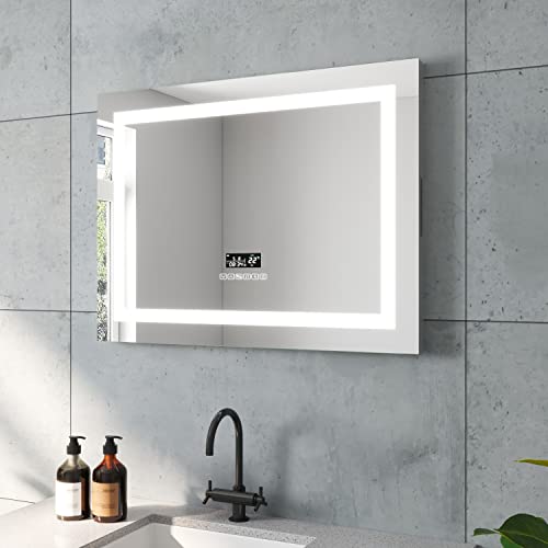 AQUABATOS Brussels-Serie Badspiegel Badezimmerspiegel mit Beleuchtung 80x60 cm Uhr Bluetooth Lautsprecher Touch Schalter Dimmbar Kaltweiß Neutralweiß Warmweiß Einstellbar Beschlagfrei Antibeschlag von AQUABATOS