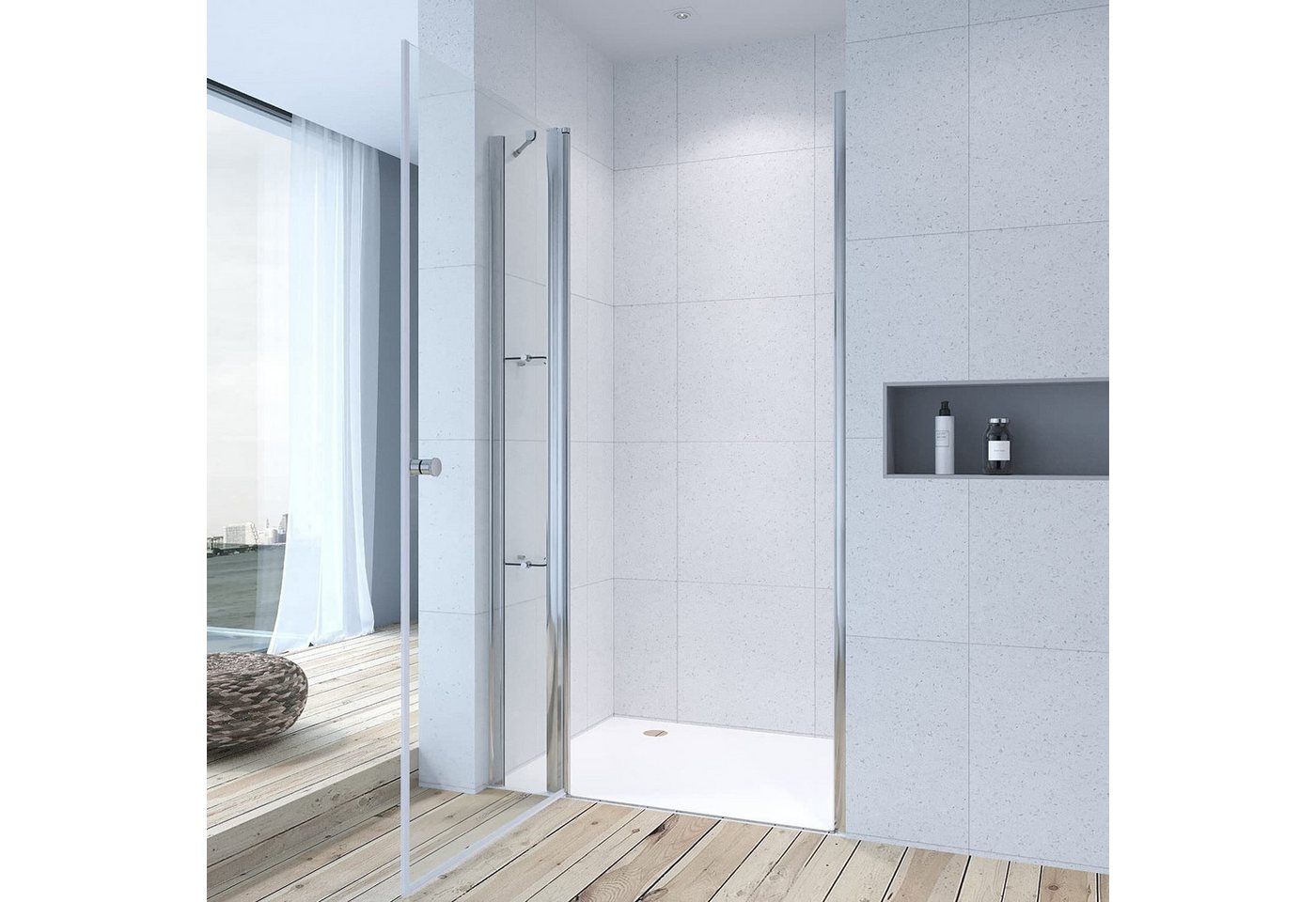 AQUABATOS Dusch-Pendeltür Duschtür Drehtür Schwingtür in Nische Duschabtrennung, 95x197 cm, Duschwand Glas aus 6 mm Echtglas ESG mit Nano Beschichtung, mit Festteil mit Duschablage Höhe 197 cm AQUABATOS Dusch-Pendeltür Duschtür Drehtür Schwingtür in Nische Duschabtrennung, 95x197 cm, Duschwand Glas aus 6 mm Echtglas ESG mit Nano Beschichtung, mit Festteil mit Duschablage Höhe 197 cm von AQUABATOS