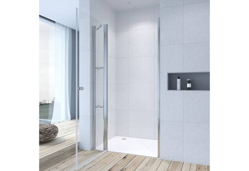 AQUABATOS Dusch-Pendeltür Duschtür Drehtür Schwingtür in Nische Duschabtrennung, 95x197 cm, Duschwand Glas aus 6 mm Echtglas ESG mit Nano Beschichtung, mit Festteil mit Duschablage Höhe 197 cm von AQUABATOS