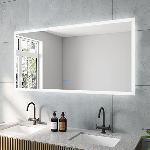 AQUABATOS ECHOS-Serie LED Badspiegel groß 140x70 cm mit Beleuchtung Warmweiß 3000K Neutralweiß 4500K Kaltweiß 6400K Touch Sensor Dimmbar Wandschalter Beschlagfrei Antibeschlag Spiegel heizung von AQUABATOS
