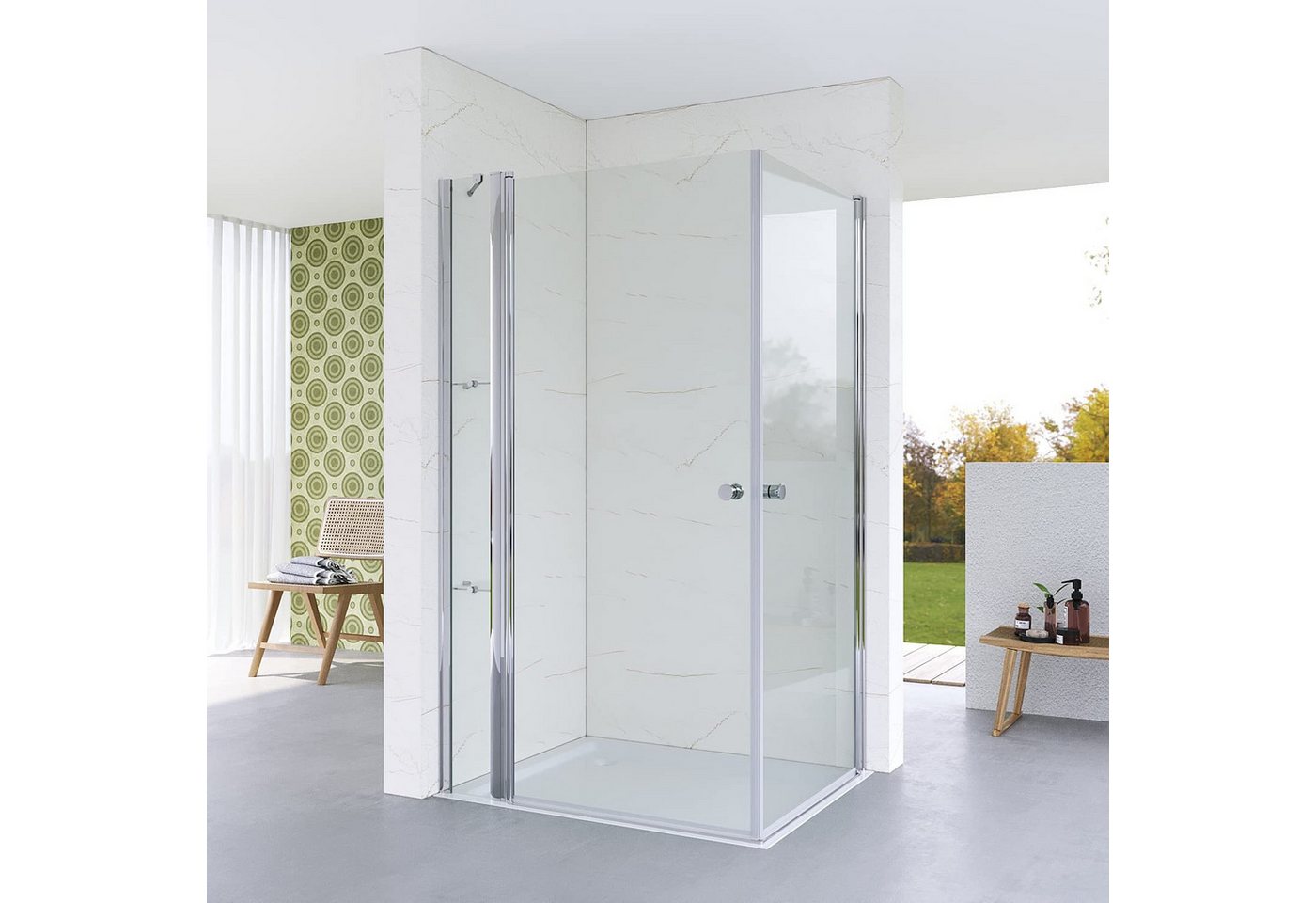 AQUABATOS Eckdusche Duschkabine Eckeinstieg Eckdusche Duschwand Duschabtrennung, BxT: 90x70 cm, Einscheiben-Sicherheitsglas (ESG) 5 mm, Pendeltür Glas Duschtür mit Festteil Drehtür mit Nebenteil Hebe Senk Funktion, rahmenlos, Breite wählbar, Echtglas, Klarglas, mit Verstellbereich, links und rechts montierbar, Sicherheitsglas, barrierefrei, mit Stabilisationsbügel und Duschablage von AQUABATOS