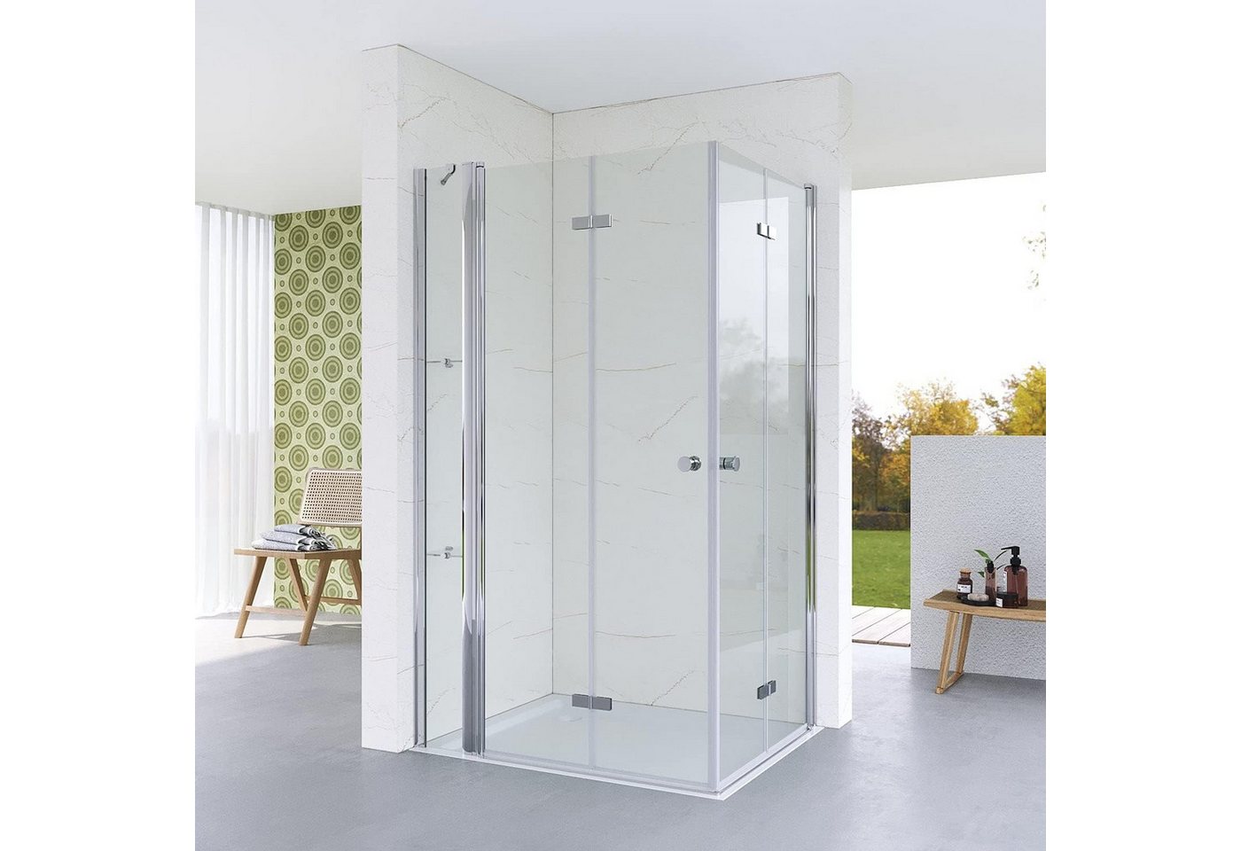 AQUABATOS Eckdusche Duschkabine Eckeinstieg Eckdusche Duschwand Falttür, BxT: 90x70 cm, Einscheiben-Sicherheitsglas (ESG) 5 mm, Schwingtür Drehfalttür Duschabtrennung Pendeltür Glas Duschtrennwände Duschtür mit Festteil Drehtür mit Nebenteil mit Verstellbereich, links und rechts montierbar, Sicherheitsglas, barrierefrei, mit Stabilisationsbügel und Duschablage, Faltbar, klappbar, Hebe Senk Funktion, rahmenlos, Breite wählbar, Echtglas, Klarglas von AQUABATOS