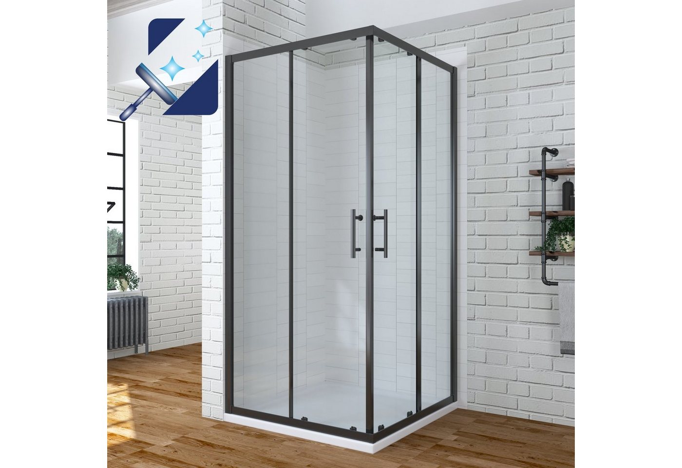 AQUABATOS Eckdusche Duschkabine Eckeinstieg Schwarz 80x80 / 90x90 / 100x100 cm, BxT: 80x80 cm, Einscheiben-Sicherheitsglas (ESG), Eckdusche mit Schiebetüren höhe 195 cm von AQUABATOS