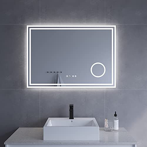 AQUABATOS LED Badspiegel 100x70 cm Wandspiegel Badezimmerspiegel mit Beleuchtung lichtspiegel Dimmbare Touch Schalter Kaltweiß Digital Uhr Beschlagfrei Schminkspiegel 3-Fach Vergrößerung von AQUABATOS