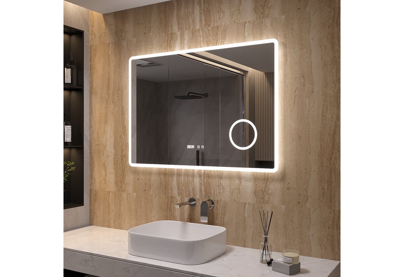 AQUABATOS LED-Lichtspiegel Badezimmer Spiegel Badspiegel Wandspiegel mit Beleuchtung Licht Led (mit/ohne Uhr), (3 Lichtfarben/Kaltweiß), (mit/ohne Bluetooth), mit/ohne Schminkspiegel), 100x70cm beschlagfrei von AQUABATOS