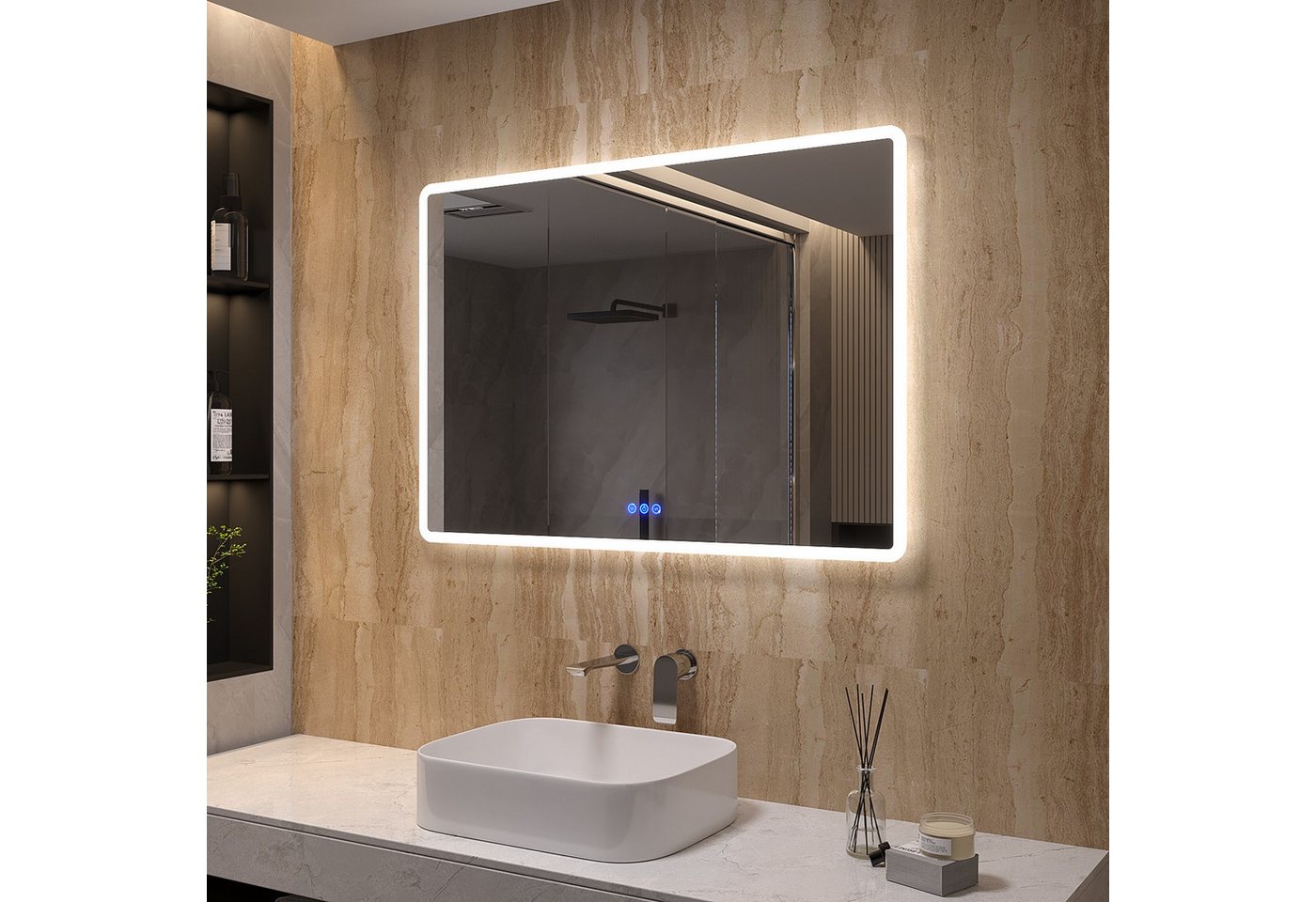 AQUABATOS LED-Lichtspiegel Badezimmerspiegel mit Beleuchtung 100x70cm beschlagfrei erhältlich in (mit/ohne Schminkspiegel), (mit/ohne Uhr), (3 Lichtfarben/Kaltweiß), (mit/ohne Bluetooth) von AQUABATOS