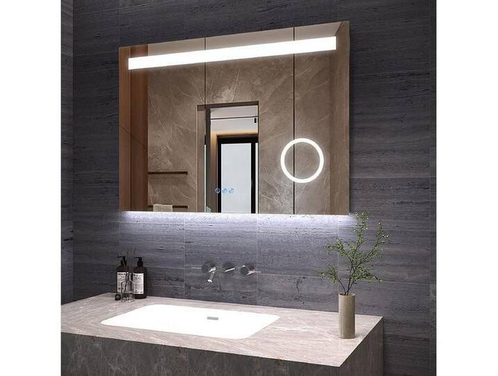 AQUABATOS LED-Lichtspiegel Badspiegel mit Beleuchtung Badezimmerspiegel 100x70 cm (Wandspiegel LED Spiegel mit Licht Kaltweiß 6400K Neutralweiß 4500K Warmweiß 3000K Kosmetikspiegel Rasierspiegel 3 Fach Vergrösserung, hochwertiger Aluminiumrahmen, Touch-Schalter, Memory-Funktion), Dimmbar, Beschlagfrei, 3 Lichtfarben von AQUABATOS