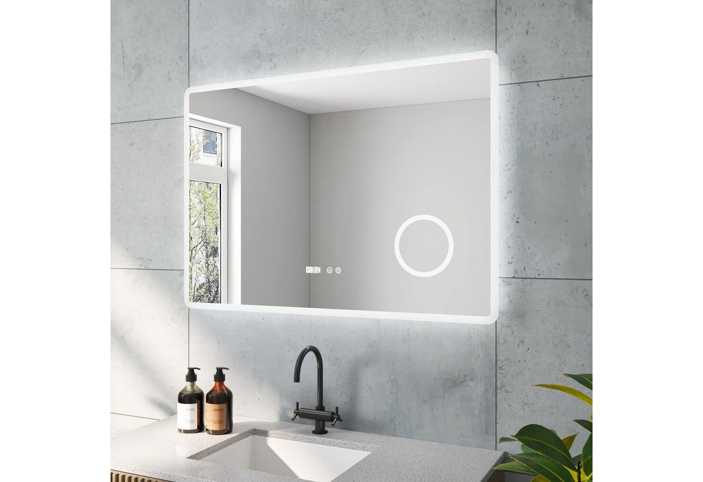 AQUABATOS LED-Lichtspiegel Badzimmerspiegel Badspiegel Led Spiegel mit Beleuchtung, Digital Uhr Kosmetikspiegel Beschlagfrei Touchschalter von AQUABATOS