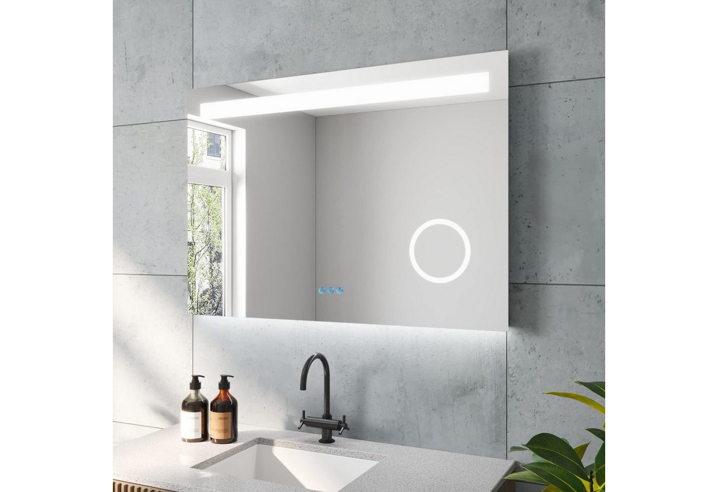 AQUABATOS LED-Lichtspiegel LED Badspiegel 100x70 cm Badezimmerspiegel mit Beleuchtung (Bad Spiegel Lichtspiegel Led Spiegel Rasierspiegel Schminkspiegel Kosmetikspiegel Kaltweiß 6400K Bluetooth Lautsprecher, 3-Fach Vergrößerung, Touch Schalter), Dimmbar, Beschlagfrei, Memory-Funktion, Energiesparend, IP44 AQUABATOS LED-Lichtspiegel LED Badspiegel 100x70 cm Badezimmerspiegel mit Beleuchtung (Bad Spiegel Lichtspiegel Led Spiegel Rasierspiegel Schminkspiegel Kosmetikspiegel Kaltweiß 6400K Bluetooth Lautsprecher, 3-Fach Vergrößerung, Touch Schalter), Dimmbar, Beschlagfrei, Memory-Funktion, Energiesparend, IP44 von AQUABATOS