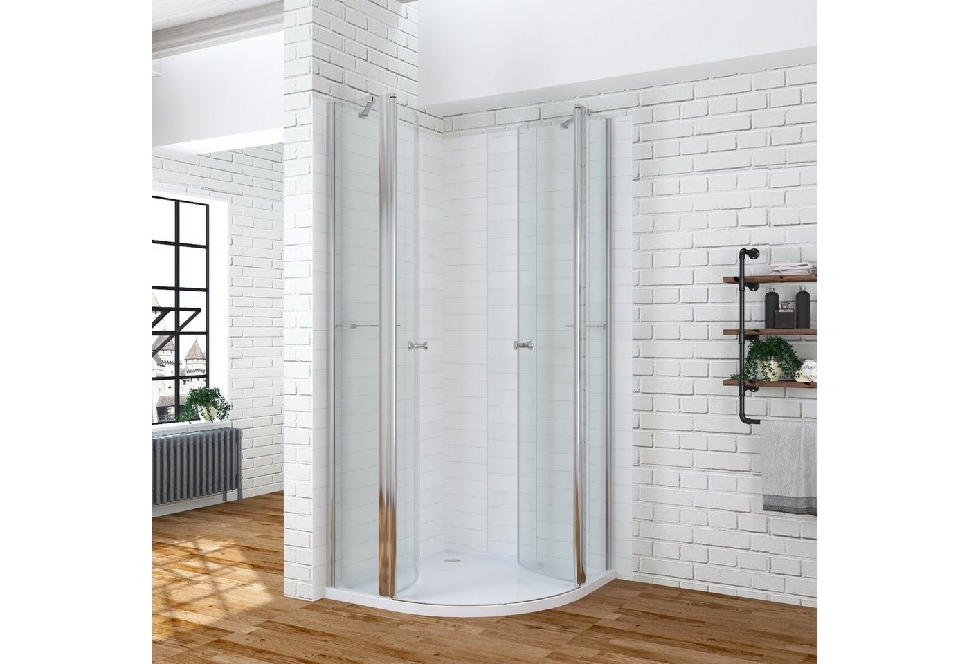 AQUABATOS Runddusche Duschabtrennung Duschwand 90x90 cm Duschkabine Vertelkreis Pendeltüren, BxT: 90x90 cm, Einscheiben-Sicherheitsglas (ESG) 6 mm mit Nano Beschichtung, Türöffnung:	nach innen und außen, Duschabtrennung Halbrund für Duschwanne, Lotus-Effekt, mit Festteilen und Acryl-Duschablage,Höhe 195 cm von AQUABATOS