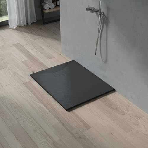 AQUABATOS SMC Duschwanne 100x80 cm Schwarz Eckig Quadratisch Duschtasse Duschbecken Brausewanne Brausetasse Rutschfest Bodengleich Ebenerdig Steinoptik Schieferoptik (Ablaufgarnitur nicht Inklusive) von AQUABATOS