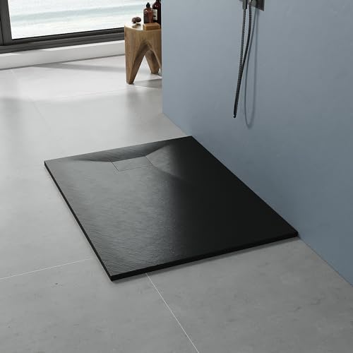 AQUABATOS SMC Duschwanne 120x90 cm 32 mm Schwarz Rechteckig Duschtasse Rutschfest Bodengleich Ebenerdig Montage Steinoptik Schieferoptik Superflach (Abdeckung Siphon/ablaufgarnitur nicht Inklusive) von AQUABATOS