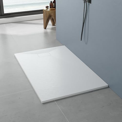 AQUABATOS SMC Duschwanne 140x90 cm 32 mm Weiß Rechteckig Duschtasse Rutschfest Bodengleich Ebenerdig Montage Steinoptik Schieferoptik Superflach (Abdeckung Siphon/ablaufgarnitur nicht Inklusive) von AQUABATOS