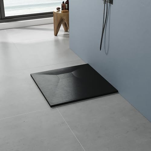 AQUABATOS SMC Duschwanne 90x90 cm 32 mm Schwarz Eckig Quadratisch Duschtasse Rutschfest Bodengleich Ebenerdig Montage Steinoptik Schieferoptik Superflach (Ablaufgarnitur nicht Inklusive) von AQUABATOS