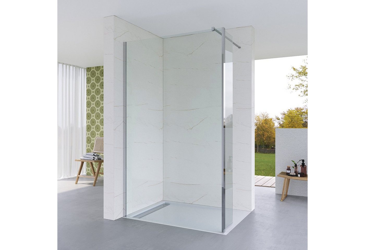 AQUABATOS Walk-in-Dusche Duschwand Duschabtrennung 80x200,90x200,100x200,110x200,120x200cm, 8 mm Einscheibensicherheitsglas (ESG) mit Nano-Beschichtung, mit Nebenteil von AQUABATOS