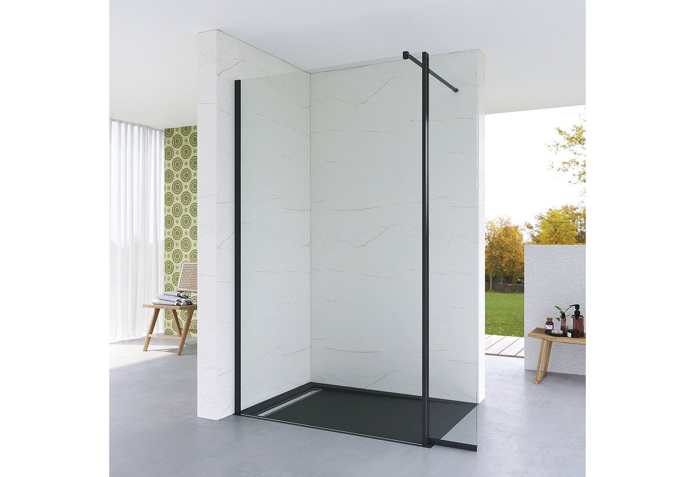 AQUABATOS Walk-in-Dusche Duschwand Duschabtrennung 80x200,90x200,100x200,110x200,120x200cm, 8 mm Einscheibensicherheitsglas (ESG) mit Nano-Beschichtung, mit Nebenteil von AQUABATOS