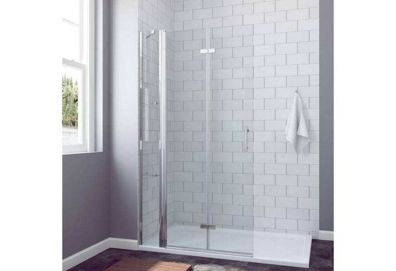 AQUABATOS Walk-in-Dusche Faltbare Walk in Dusche Duschwand Glas Duschabtrennung, Duschtrennwand Glastrennwand Glaswand 6mm ESG mit Nano Beschichtung, Drehfalttür mit Festteil und 2 Acryl Duschablagen von AQUABATOS