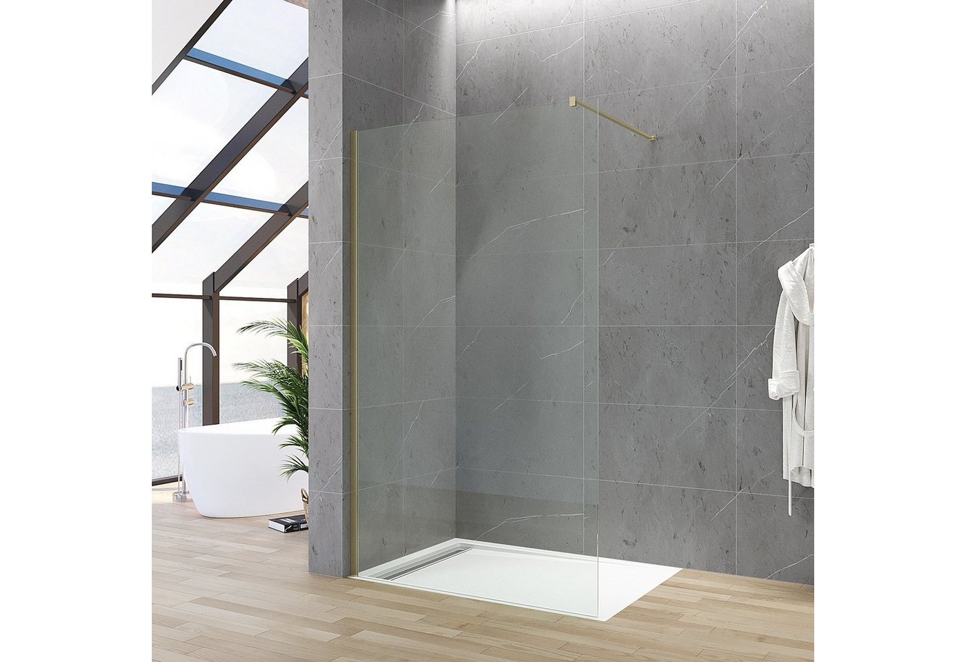 AQUABATOS Walk-in-Dusche Walk in Dusche Duschwand Glas Trennwand Duschabtrennung Duschkabine, 8 mm Einscheibensicherheitsglas, goldenes Profil, inkl. Nano Beschichtung, mit variablem Verstellbereich von AQUABATOS