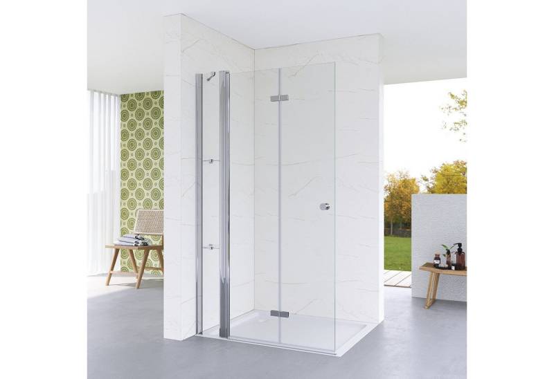 AQUABATOS Walk-in-Dusche Walk in Duschglas Duschabtrennung faltbare Duschwand, Falttür Drehfalttür aus 5 mm Sicherheitsglas Klarglas, mit Festteil und Duschablagen von AQUABATOS