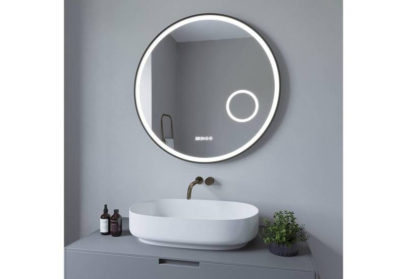 AQUABATOS Wandspiegel Badspiegel mit Beleuchtung rund Lichtspiegel Bad badezimmerspiegel, 3-fach-Vergrößerung,Kaltweiß,dimmbar,Digitaluhr,beschlagfrei von AQUABATOS