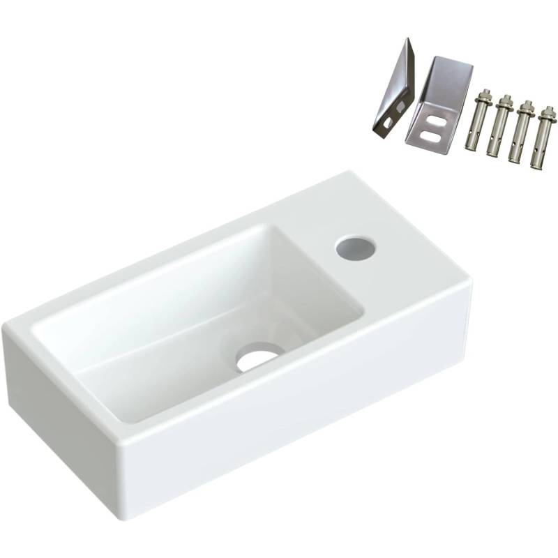 Aquabatos Bad Waschplatz Waschbecken Handwaschbecken aus Keramik Rechts mit Wasserhahnloch Aufsatzwaschbecken 40,5 x 20 x 10,5 cm für Gäste-WC von AQUABATOS