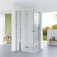Bodengleiche Dusche mit Wegklappbaren Glastüren Duschabtrennung Faltbar Duschtür Falttür Drehfalttür an Festteil mit Duschablage 18. Größe: von AQUABATOS
