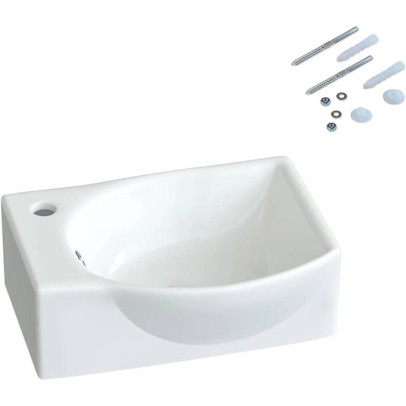 Aquabatos Handwaschbecken Keramik 40,5 x 28 x 12 cm Waschbecken Waschtisch Aufsatzbecken Aufsatzwaschbecken mit Überlauf und Wasserhahnloch Links von AQUABATOS