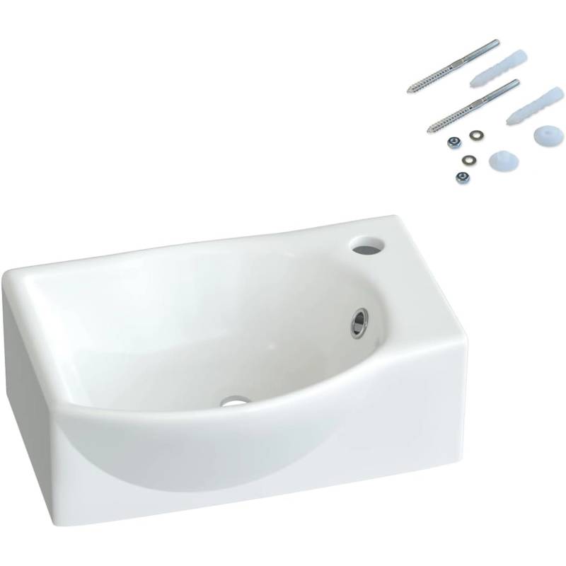 Aquabatos Handwaschbecken Keramik 40,5 x 28 x 12 cm Waschbecken Waschtisch Aufsatzbecken Aufsatzwaschbecken mit Überlauf und Wasserhahnloch Rechts von AQUABATOS