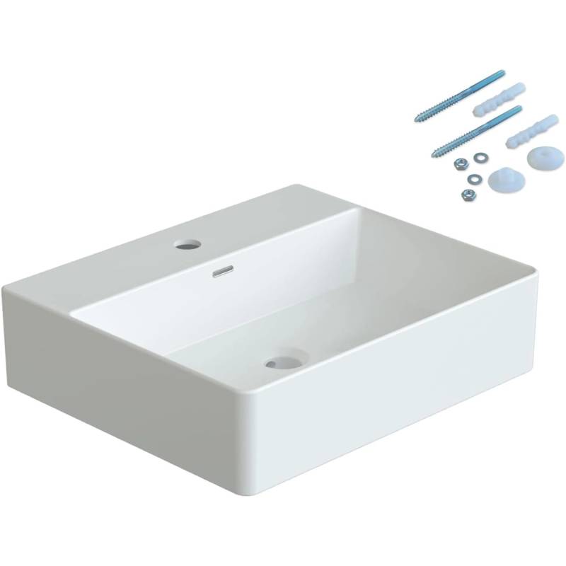 Aquabatos Waschbecken 50 x 42 x 13,5 cm aus Keramik Rechteckiges Handwaschbecken Aufsatzwaschbecken Aufsatzbecken mit Wasserhahnloch und Überlauf von AQUABATOS