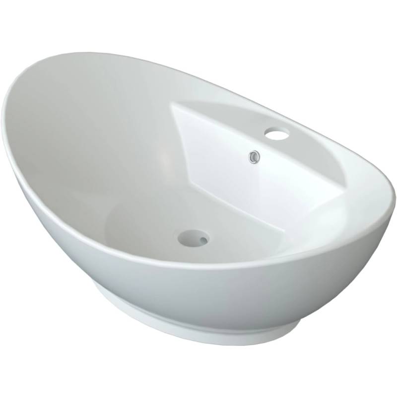 Aquabatos Waschbecken Oval Aufsatzwaschbecken Keramik Aufsatzbecken Handwaschbecken 59 x 38,5 x 21,5 cm Bad Waschplatz mit Wasserhahnloch und Überlauf von AQUABATOS