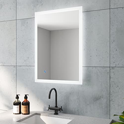 BOURGES-Serie Badspiegel mit indirekt Beleuchtung Hell Eckig 50x70 cm LED Badezimmerspiegel Günstig für Gäste WC Licht Spiegel Touch Schalter Dimmbar Memory-Funktion für Wandschalter Lichtschalter von AQUABATOS