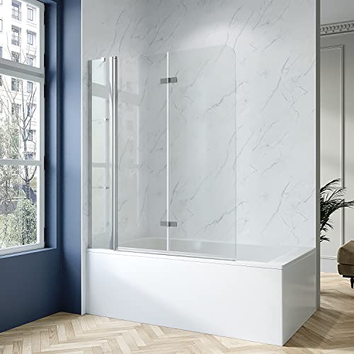 Badewannenaufsatz 3 Teilig faltbar 150 x 120 cm Faltwand Glas für Badewanne Duschtrennwand klappbar mit Festteil und Eckregale Eckablage ESG Echtglas klar 5 mm mit NANO-Beschichtung | AQUABATOS von AQUABATOS