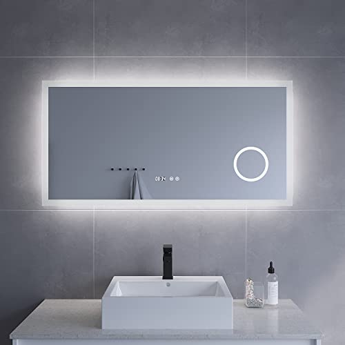 Badezimmerspiegel mit Licht Schminkspiegel Digital Uhr 120x60 cm Badspiegel mit LED Beleuchtung Kaltweiß für Wandschalter Licht Spiegel für Badezimmer Antibeschlag Wandspiegel Touch Sensor Dimmbar von AQUABATOS